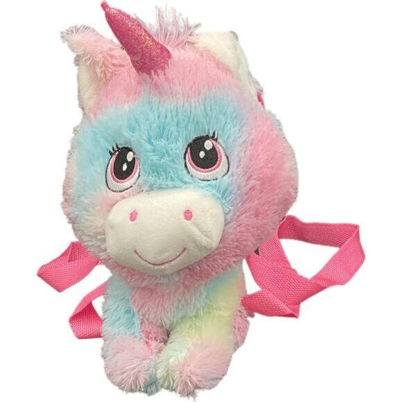Plush Unicorn Backpack With Pink Straps Rainbow Pastel zipper Closure - Picture 1 of 8